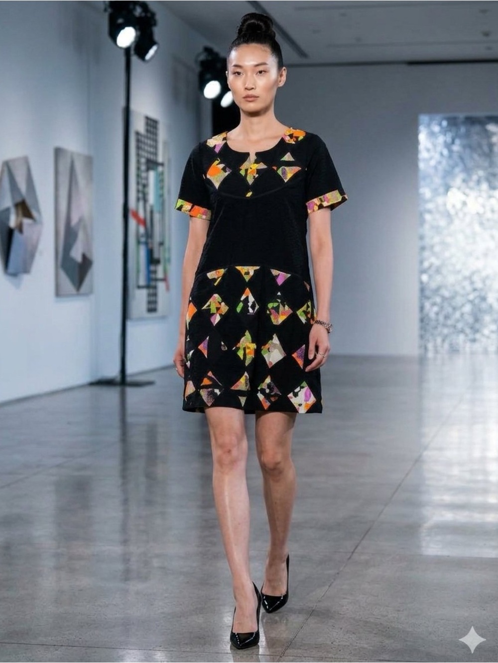 Vintage Patchwork Geometric Art Pop Shift Dress Rare Avant-Garde Mini Black L